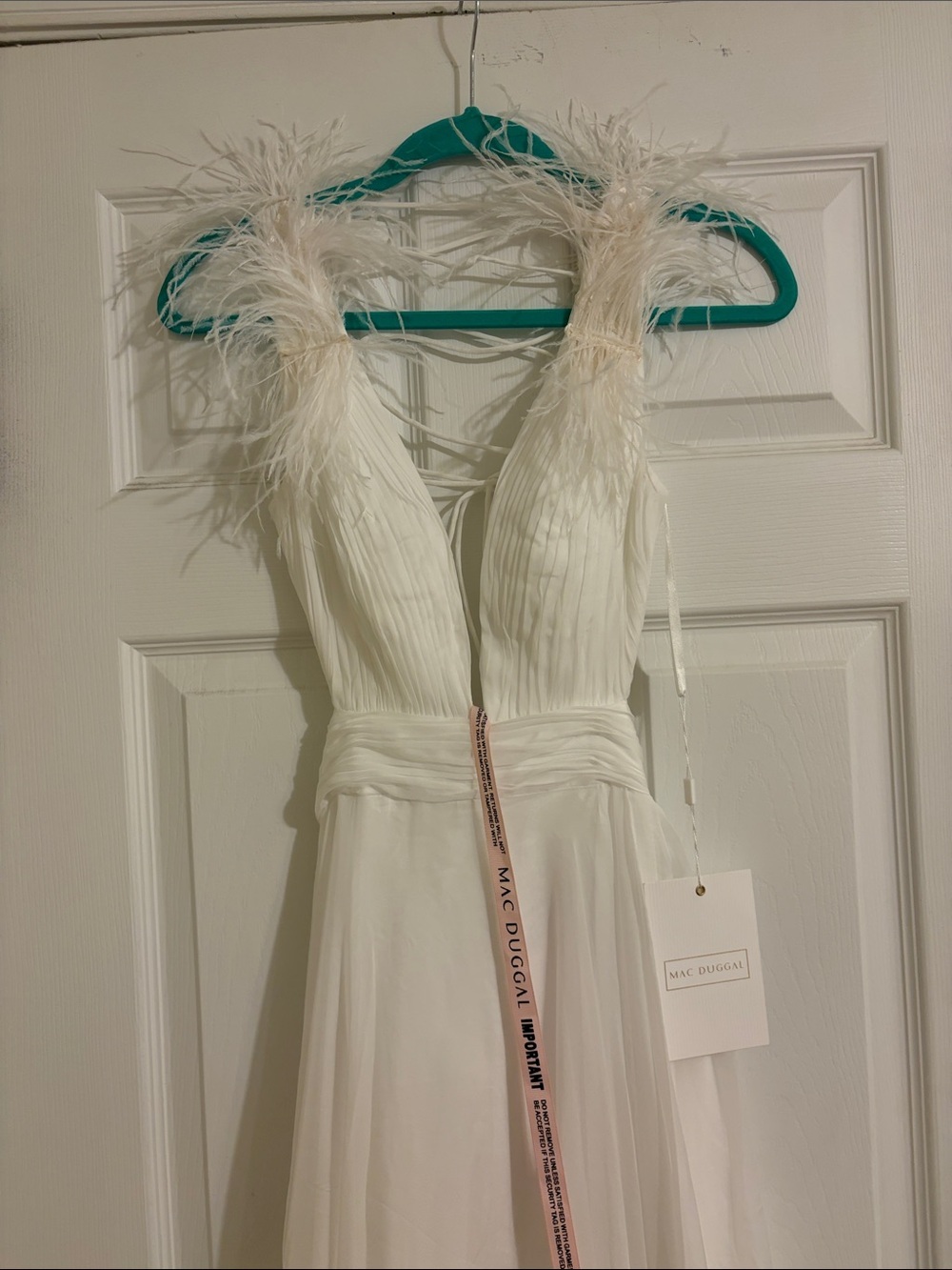 Mac Duggal White Feather-Trim Plunge Maxi Dress - Picture 4 of 12